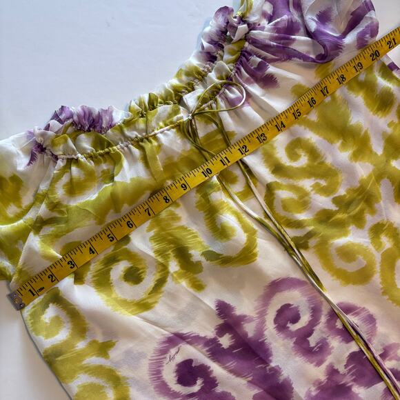 Milly 100% Silk Tie Neck Top Womens Size 8 Chartreuse Purple Ruffled Medium - Picture 6 of 7